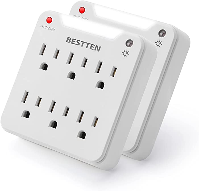 [2 Pack] BESTTEN Wall Mount Surge Protector with White LED Night Light, 6 AC Outlets, 15A/125V/1875W, 900 Joule Surge Rating, ETL Listed, White
