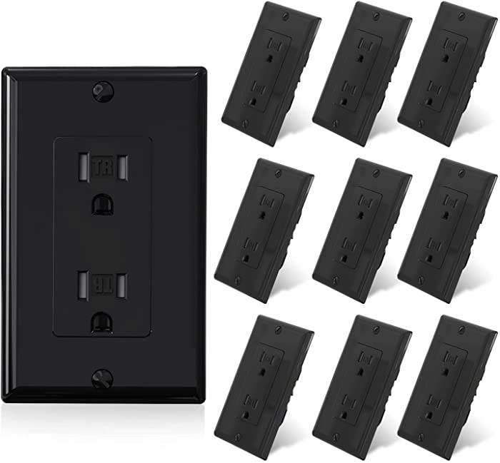 ELEGRP Black Outlets Receptacles Electrical Tamper Resistant Outlet Decora Duplex Wall Outlet 15 Amp, Self-grounding Outlet with Wallplate, 125V, 5-15R, UL Listed, 10 Pack