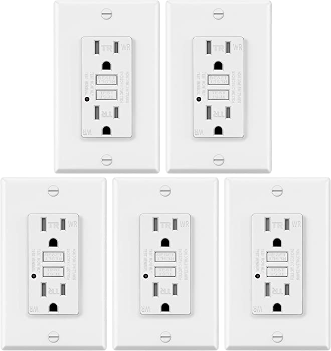 5 Pack - ELECTECK Weather Resistant GFCI Outlet, Outdoor Ground Fault Circuit Interrupter with LED Indicator, 15-Amp Tamper Resistant Receptacle, Decorator Wall Plate Included, ETL Certified, White