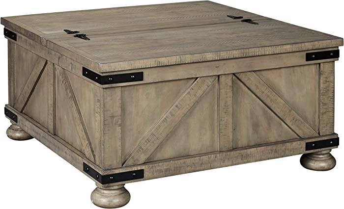 Signature Design by Ashley Aldwin Farmhouse Square Coffee Table with Lift Top for Storage, Light Brown