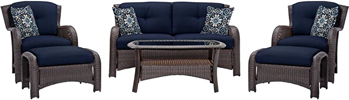 Hanover Strathmere 6-Piece Outdoor Patio Conversation Set, 2 Side Chairs with Ottomans, Loveseat and Tempered Glass Coffee Table, with Hand-Woven Wicker and Thick Navy Cushions, STRATHMERE6PCNVY