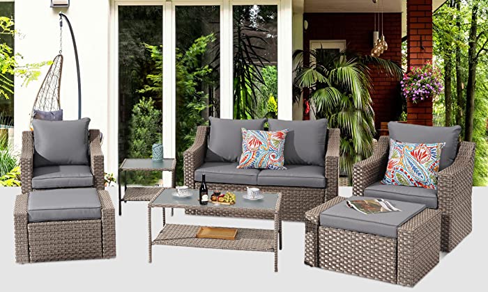 Outdoor Patio Furniture 7-Piece Patio Conversation Furniture Set, Coffee Rattan Wicker Chairs Sectional Patio Sofa w/Glass Table, All-Weather Outdoor Furniture Set w/Removable Washable Grey Cushions