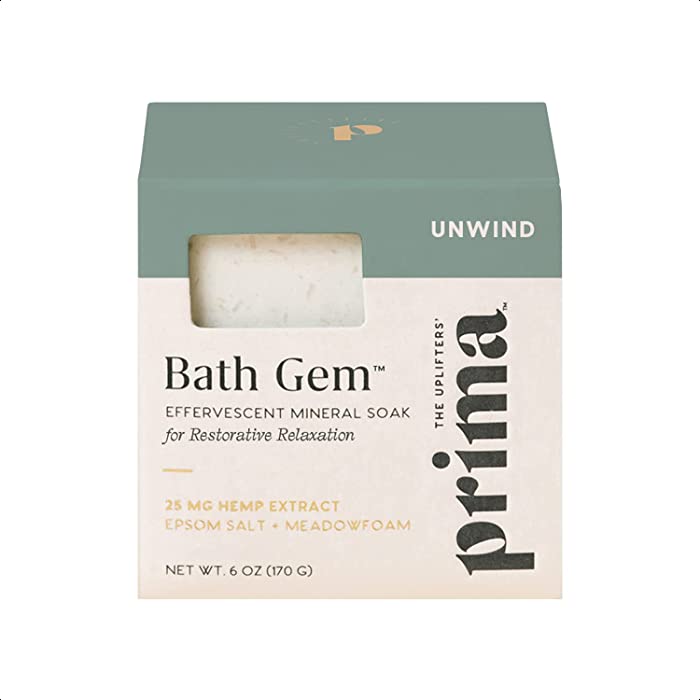 Prima Bath Gem, Unwind - Natural Hemp & Epsom Salt Bath Soak - Relaxing & Moisturizing Mineral Bath Fizz with Hemp Extract & Lavender to Melt Away Stress - Cruelty-Free & Vegan Herbal Body Care (170g)
