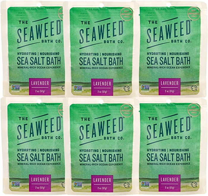 The Seaweed Bath Co. Hydrating Nourishing Sea Salt Bath (6-pack), Lavender, With Organic Bladderwrack Seaweed, Mineral-Rich Ocean Experience with Aromatherapy, Vegan, Paraben Free, 6x2 oz.