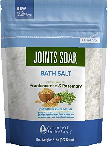 Joints Soak Bath Salt 32 Ounces Epsom Salt with Natural Rosemary, Frankincense and Peppermint Essential Oils Plus Vitamin C in BPA Free Pouch with Easy Press-Lock Seal