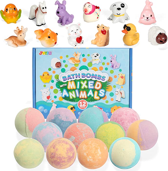 JOYIN Bath Bombs with Mixed Animal Toys for Kids, 12 Packs Bubble Bath Bombs with Surprise Inside, Natural Essential Oil SPA Bath Fizzies Set, Easter Basket Stuffers for Boys Girls Birthday Gifts
