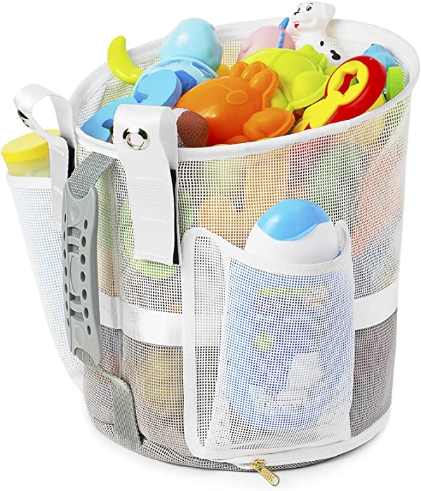 Quick Scoop Mesh Bath Toy Organizer for Tub with YKK Zipper，Multiple Ways to Hang, Ultra Large Capacity & Large Opening, Bathroom Toy Holder, Baby Bath Toys Storage Bag with 2 Side Pockets ( White )