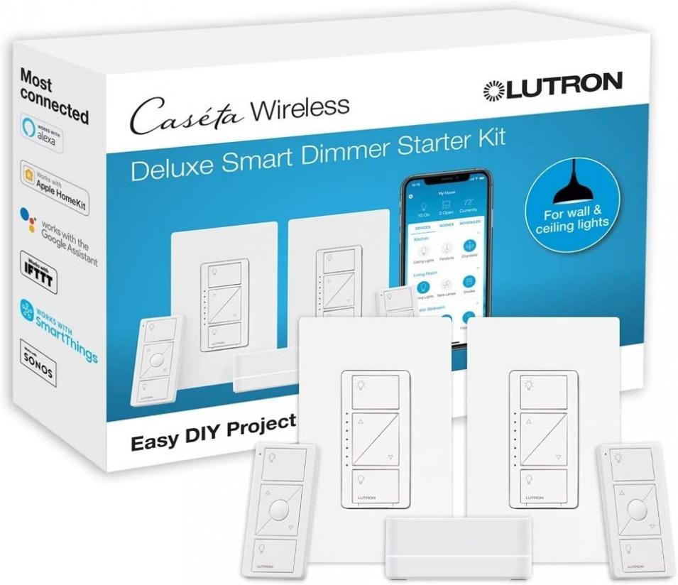 Lutron Caséta Deluxe Smart Dimmer Switch (2 Count) Kit with Caséta Smart Hub | Works with Alexa, Apple HomeKit, Ring, Google Assistant | P-BDG-PKG2W-A | White