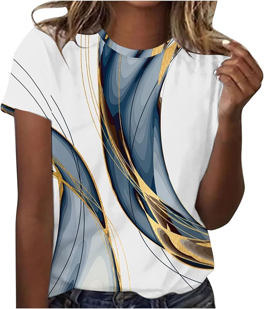 Women's Basic Tops Line Print Casual Blouses Summer Trendy Round Neck Shourt Sleeve Tee Shirts