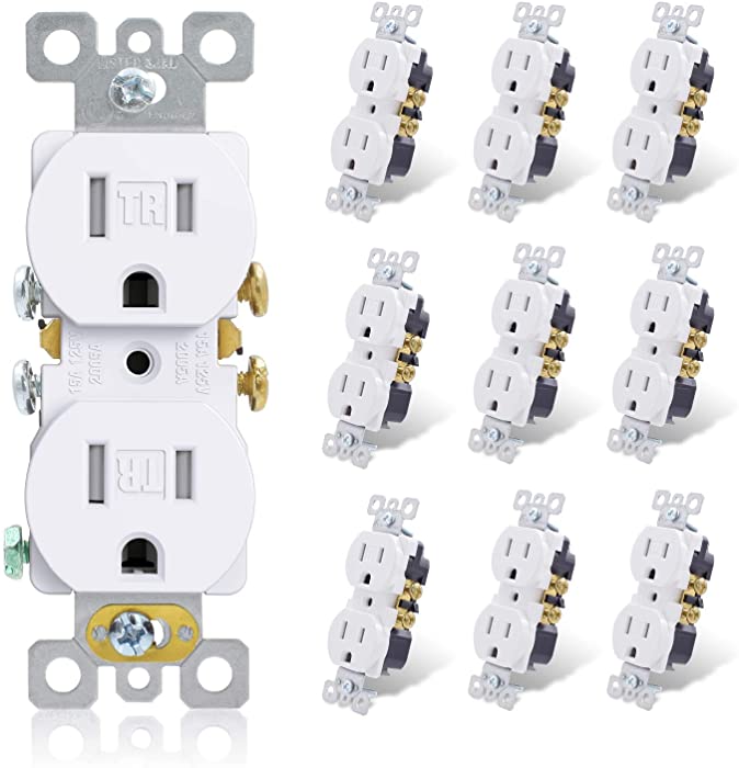 ELEGRP Tamper-Resistant Duplex Receptacle, 15A 125V Standard Electrical Duplex Wall Outlet, 2 Pole 3 Wire, 5-15R, Self-Grounding, Residential Grade Straight Blade, UL (Glossy White, 10 Pack)