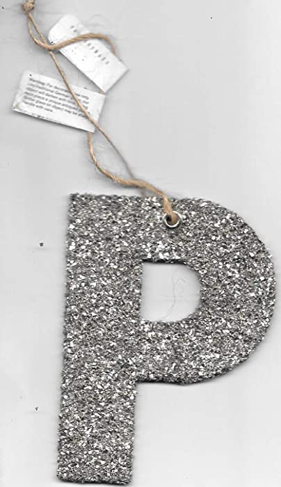 Pottery Barn Alphabet Initial Letter -P- Silver Glitter Christmas Ornament, 4 inch x 2.5 inch