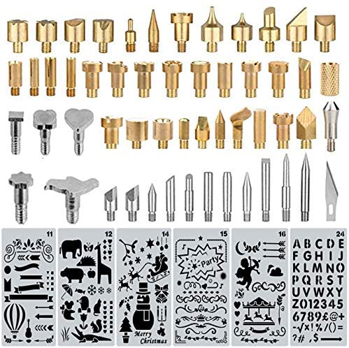 60 pcs Wood Burning Tips Set and Stencils, Pyrography Wood Burning Alphabet Numbers Symbols Stamps Set（ Include 54 Assorted Wood Burning/Carving/Embossing & Soldering Tips and 6 Stencils）