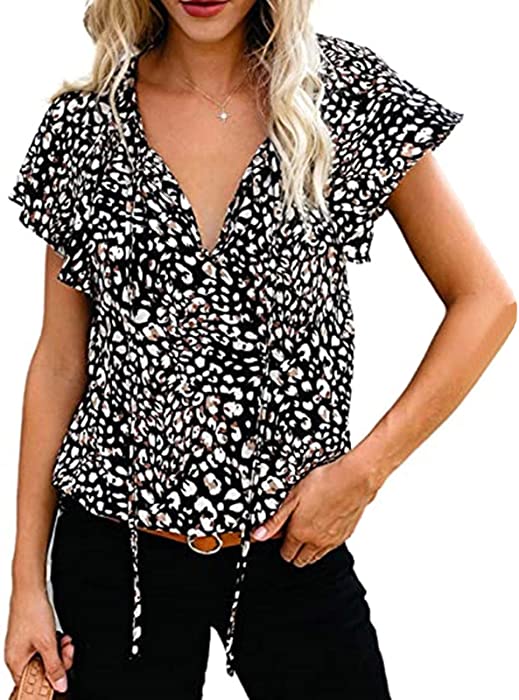 Womens T-Shirts Ruffle Drawstring Short Sleeve Summer Tops Boho Floral Print Chiffon Babydoll Shirt Blouse Tunic