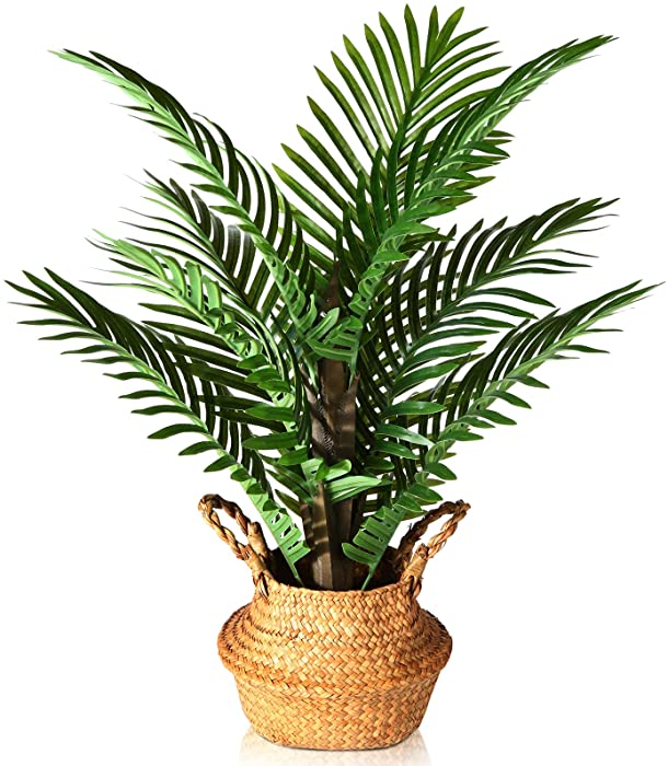 Kazeila Artificial Palm Tree, 27" Fake Potted Areca Palm Plant with Handmade Seagrass Basket, Plastic Greenery Faux Tree Home Décor for Indoor Porch Balcony Bedroom Bathroom