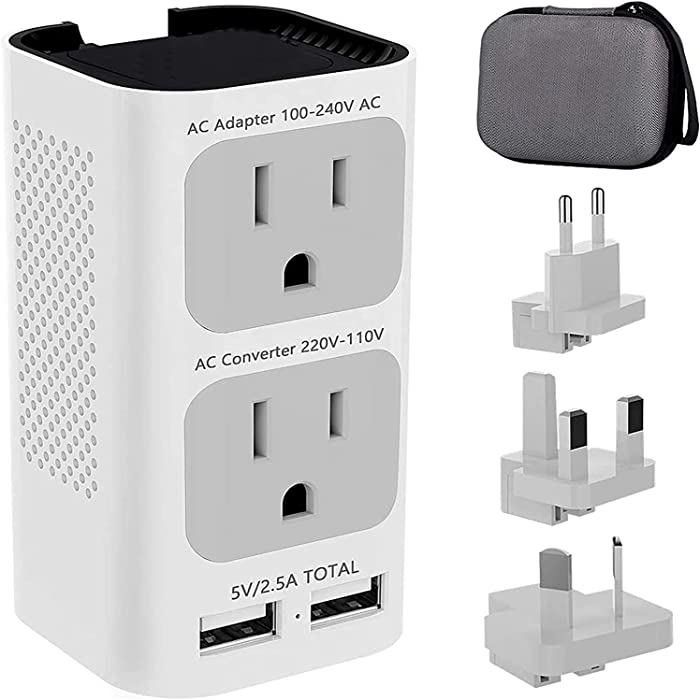 220V to 110V Voltage Converter Max Power 880W, 2000W Travel Adapter Global Power Adapter with 2 USB Ports and EU/UK/AU/US Plug Adapter