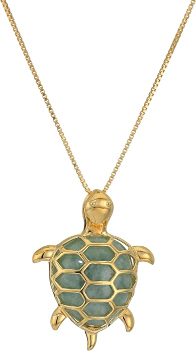 Amazon Collection 18k Yellow Gold Plated Sterling Silver Genuine Green Jade Turtle Pendant Necklace, 18"