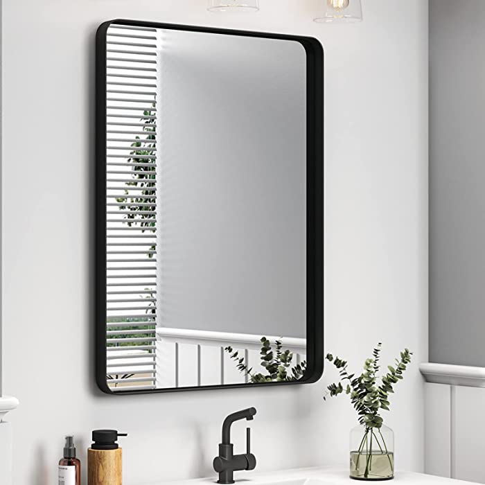 ODDSAN 22x30 Matte Black Bathroom Mirror, Modern Rectangle Metal Framed Mirrors for Wall, Rounded Corners, Shatter-Proof (Horizontal/ Vertical)
