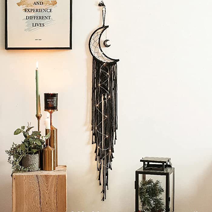 Black Moon Dream Catcher with Light, Room Decor, Boho Decor, Wall Decor, Gifts for Girl, Gifts for Women, Bedroom deocr.