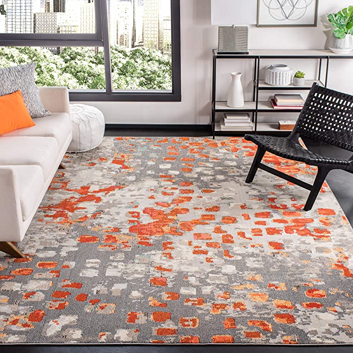 SAFAVIEH Madison Collection 8' x 10' Grey/Orange MAD425H Boho Abstract Distressed Non-Shedding Living Room Bedroom Dining Home Office Area Rug