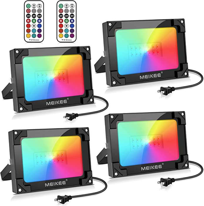 MEIKEE 4 Pack RGB LED Flood Lights 200W Equivalent, 25W Color Changing Floodlight with Remote, IP66 Waterproof Outdoor Indoor Dimmable Wall Washer Light Party Stage Lights Garden Landscape Lighting