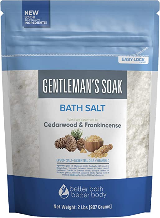 Gentleman's Bath Salt 32 Ounces Epsom Salt with Natural Cedarwood, Frankincense, Eucalyptus and Peppermint Essential Oils Plus Vitamin C in BPA Free Pouch with Easy Press-Lock Seal