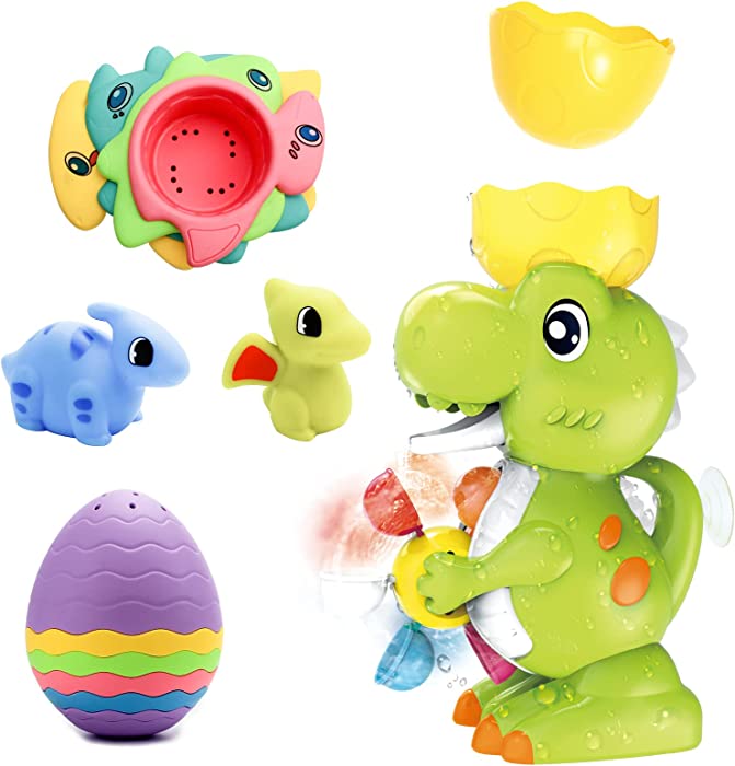 Xmasmate Bath Toys for Toddlers, Baby Bathtub Wall Water Toy Set Dinosaur with 4 Color Stacking Cups and Stacking Egg Bathroom Shower Gifts for Kids Infants Boys Girls