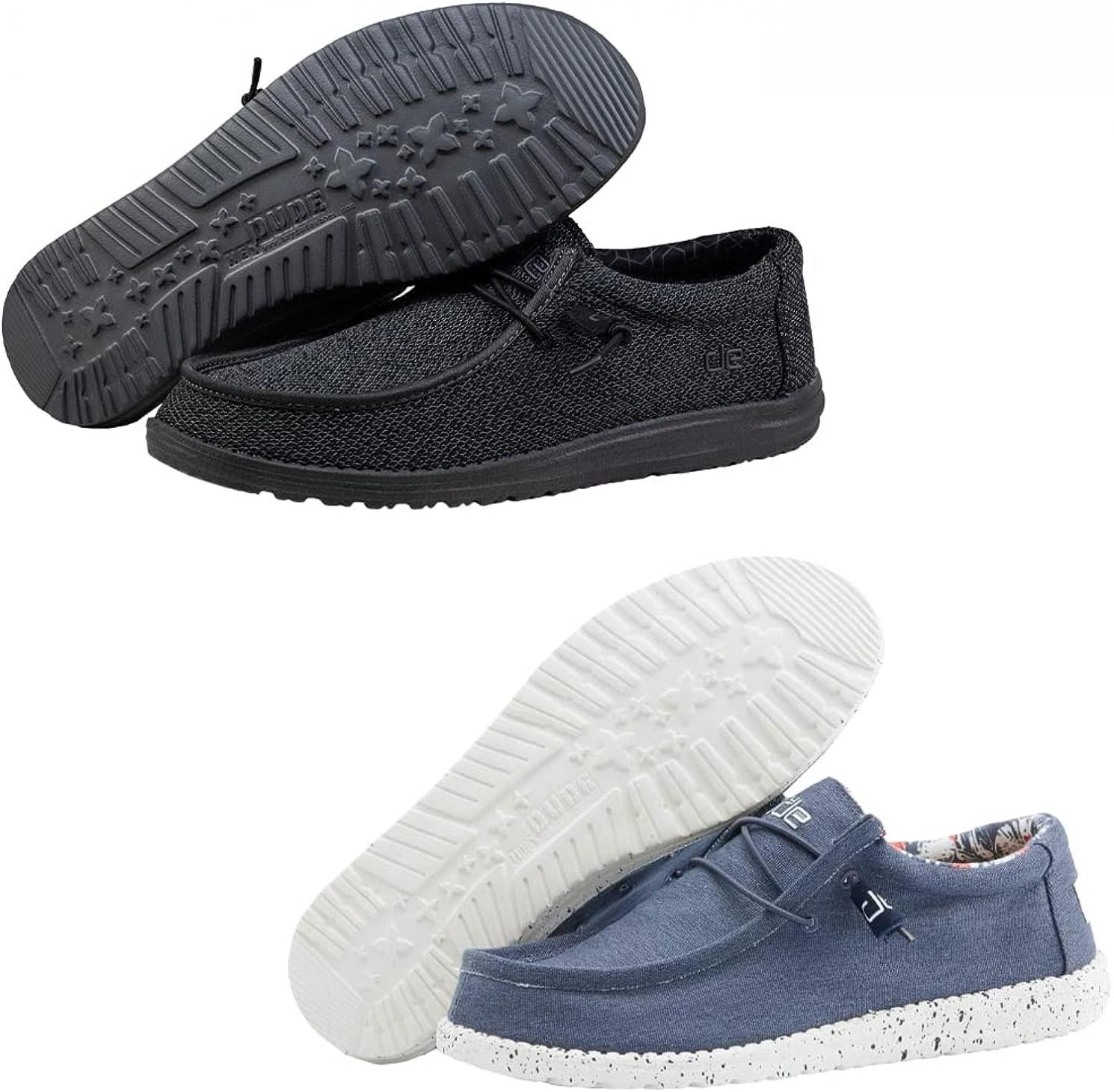 Hey Dude Men's Wally Sox Micro Total Black & Wally Stretch Blue Bundle | Size 12 | Men’s Shoes | Men's Lace Up Loafers | Comfortable & Light-Weight