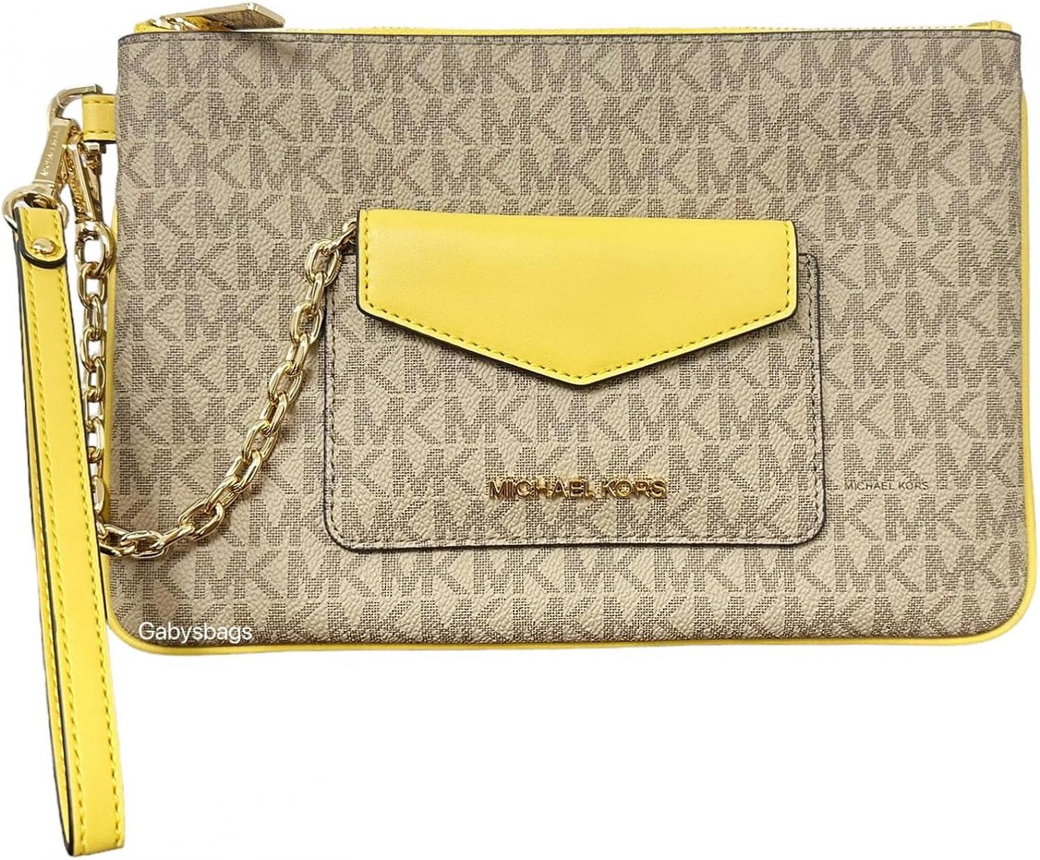 Michael Kors Jet Set Travel Large 2 In 1 Card Case and Wristlet Clutch MK Signature (Daffodil Yellow)