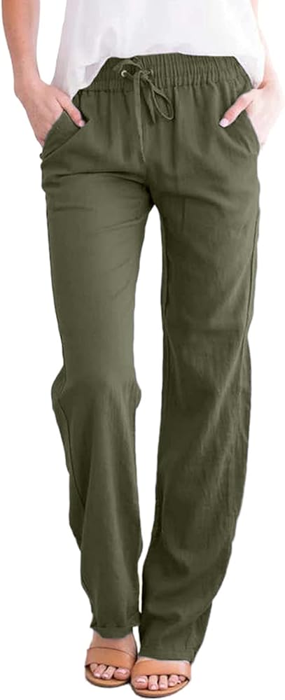 Acelitt Womens Casual Linen Pants Straight Leg Drawstring Elastic High Waist Loose Comfy Trousers with Pockets