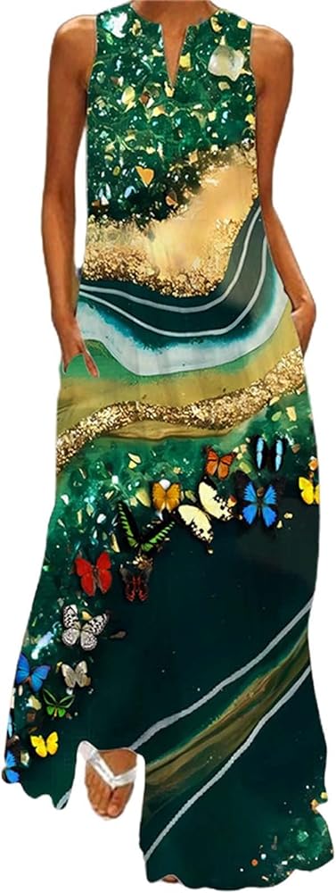 Maxi Dresses for Women 2024 Boho Floral Summer Casual Sleeveless V Neck Sundresses Loose Plus Size Beach Long Dress