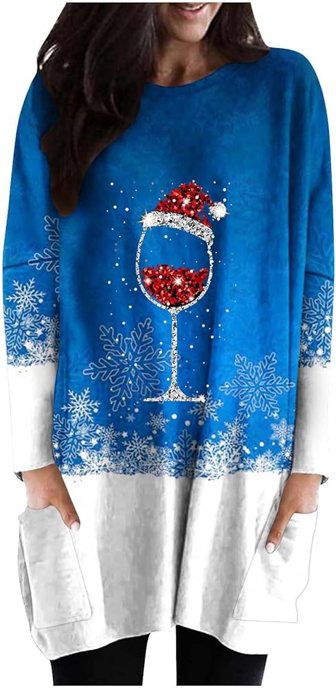 Christmas Shirts Womens Trendt Crewneck Sweatshirts T Shirts Wine Glass Print Long Sleeve Top for Xmas Holiday
