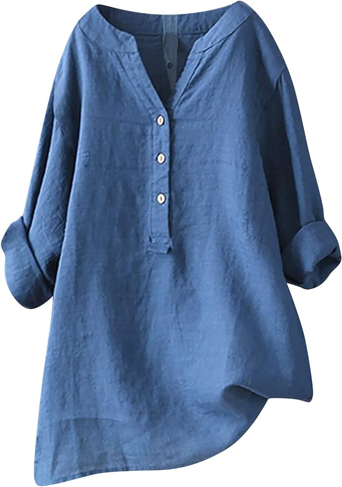 Ceboyel Women Cotton Linen Shirts Button Down Summer Blouse Roll-Up Sleeve Tops Tunic Trendy Boho Ladies Clothes 2023