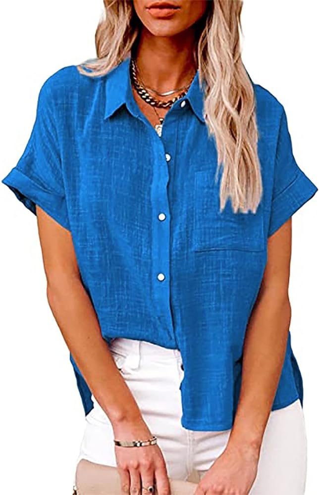 Women's Cotton Linen Plus Size Tops Summer Fashion Solid Button Down Shirts V-Neck Loose T-Shirt Blouse Tops