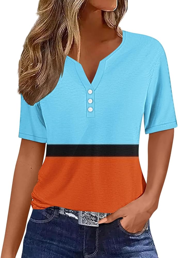 DASAYO Short Sleeve Shirts for Women Button Notched V Neck Color Block Blouses Dressy Causal Tops 2024