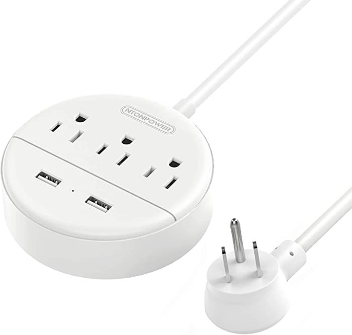 Flat Plug Power Strip with USB Ports, NTONPOWER Nightstand Desktop Charging Station with 5ft Short Extension Cord, Wall Mount, Small Size for Dorm Room Nightstand Office, Travel, White