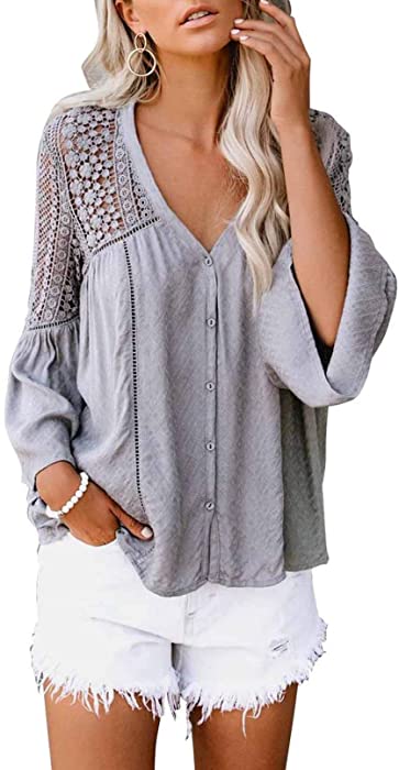 Aleumdr Women's Lace Crochet V Neck 3/4 Sleeve Button Down Blouses Casual Shirts Tops
