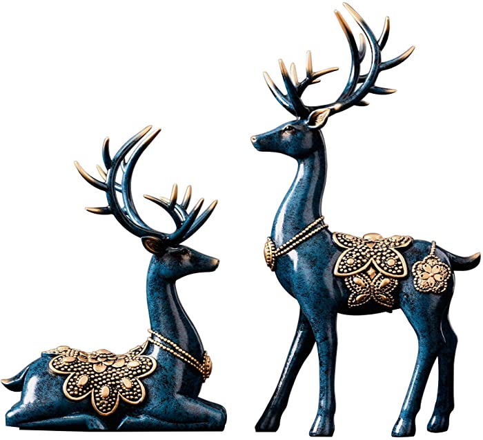 MAYIAHO Statues for Home Decor Figurines Sculptures Modern 11.4" Large Deer Decorations Center Table Living Room Resin 2pcs Big Shelf Accents Bookshelf Fireplace Items Christmas Reindeer Blue Unique