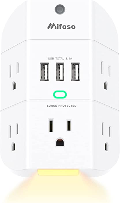 Outlet Extender with Night Light, 5-Outlet Surge Protector with 3 USB Charging Ports, 1800J Power Strip Multi Plug Outlets Wall Adapter Expander with Spaced Outlets for Home, School, Office