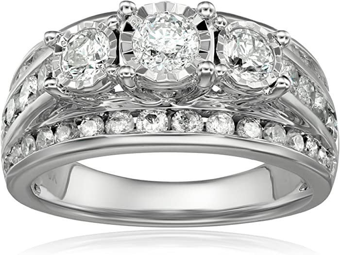 2.00 Carat Diamond, Channel and Prong Set 10K White Gold 3-Stone Miracle Diamond Wedding Ring (I-J, I2-I3) by La4ve Diamonds | Real Diamond Rings For Women | Gift Box Included (Size6,7,8)