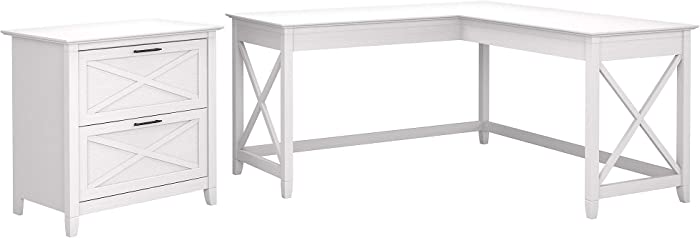 Bush Furniture Key West L Shaped Desk with 2 Drawer Lateral File Cabinet, 60W, Pure White Oak