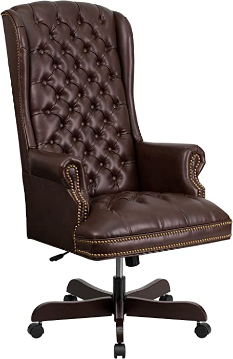 Flash Furniture High Back Traditional Fully Tufted Brown LeatherSoft Executive Swivel Ergonomic Office Chair with Arms