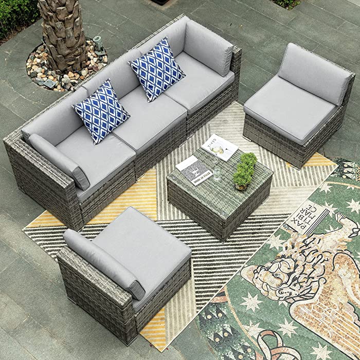 YITAHOME 6 Pieces Patio Furniture Set, Outdoor Sectional Sofa PE Rattan Wicker Conversation Set Outside Couch with Table and Cushions for Porch Lawn Garden Backyard, Grey