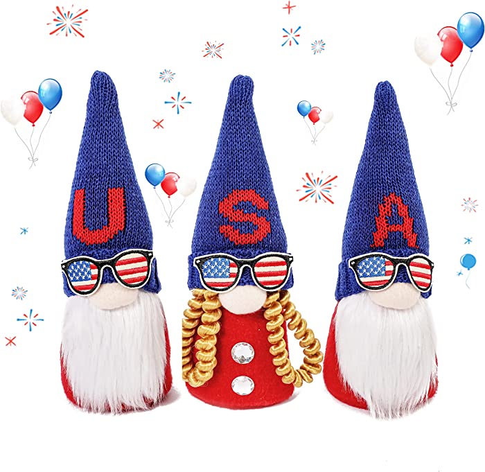 4th of July Gnome Decorations Patriotic Gnomes Plush Memorial Day Independence Day Decorations Gift Handmade Veterans Day Faceless Doll for Tiered Tray Decor Home（3 Pcs）