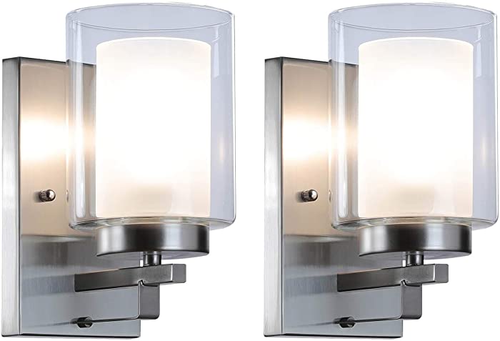 XiNBEi Lighting Wall Light 1 Light Bathroom Vanity Light with Dual Glass, Indoor Modern Brushed Nickel Wall Mounted Light 2 Pack XB-W1195-1-2BN