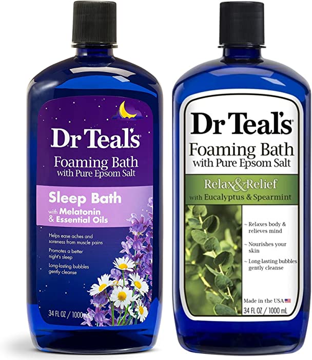 Dr Teal's Foaming Bath Combo Pack (68 fl oz Total), Relax & Relief with Eucalyptus & Spearmint, and Melatonin Sleep Bath. Treat Your Skin, Your Senses, and Your Stress.