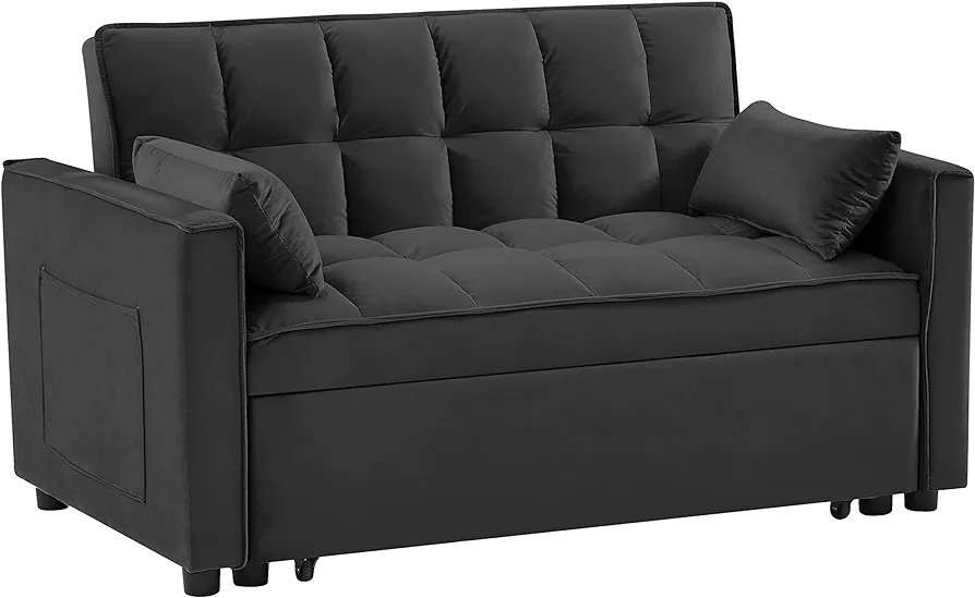 DHHU Loveseat Sleeper, Velvet Futon, Comfy Convertible Sofa Bed, Couch for Living Room Apartment Lounge with Toss Pillows, Pockets, Black
