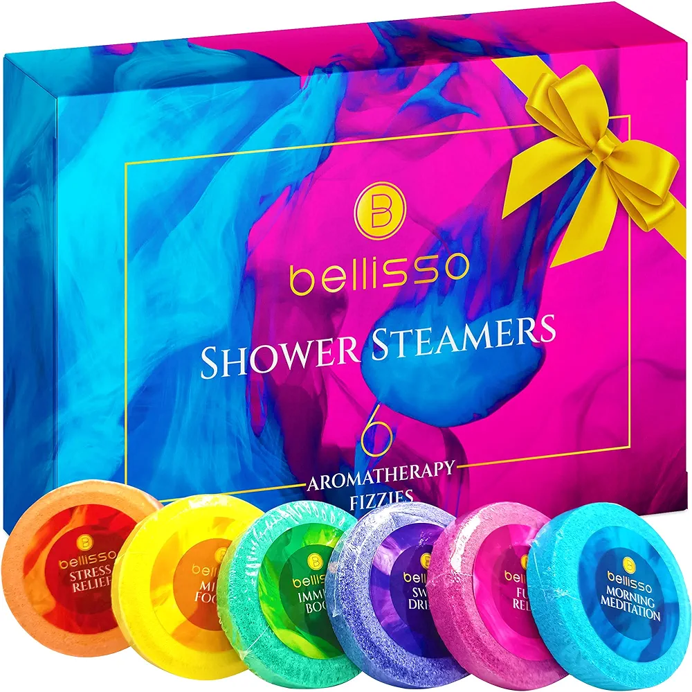 Aromatherapy Shower Steamers Set, Six Fizzies - Uplifting, Relaxing, Stress Relief Scents for Women and Men - Self Care Home Spa Experience - Christmas Day Stocking Stuffers and Relaxation Gifts