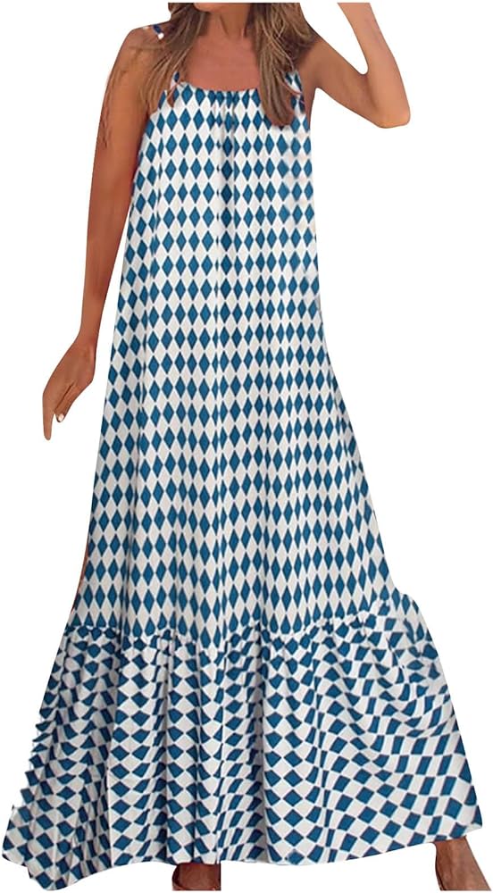 Womens Boho Summer Maxi Dresses Floral Tropical Spaghetti Strap Flowy Long Dresses Beach Vacation Trendy Clothes 2024