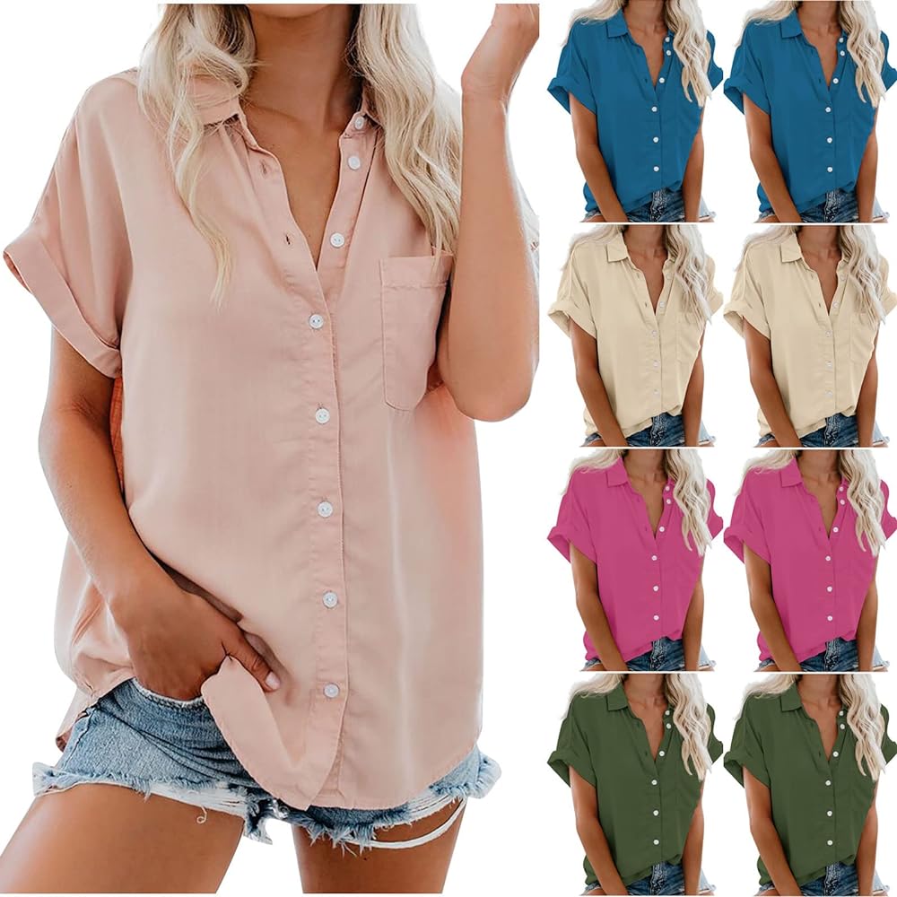 SMIDOW Womens Button Down Cotton Linen Shirts V Neck Roll Up Short Sleeve Blouses Loose Collared Shirt Casual Work Tops