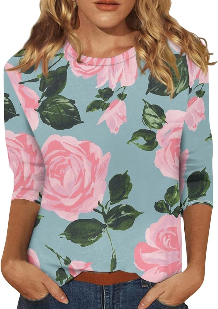 Womens Tops 3/4 Sleeve Crewneck Cute Shirts Casual Trendy Print Blouses Length T Shirt 2024